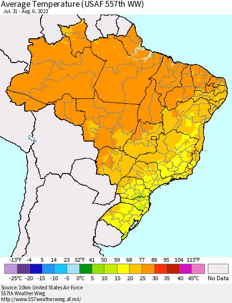 Brazil Average Temperature (USAF 557th WW) Thematic Map For 7/31/2023 - 8/6/2023