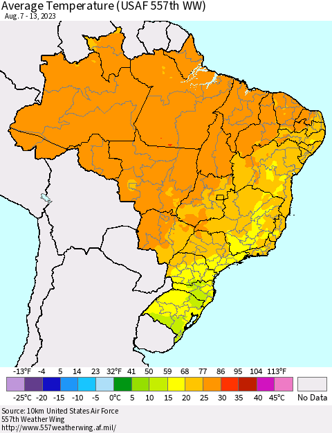 Brazil Average Temperature (USAF 557th WW) Thematic Map For 8/7/2023 - 8/13/2023