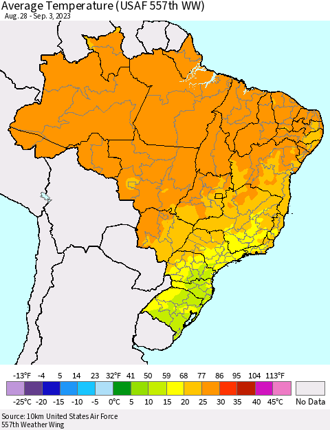 Brazil Average Temperature (USAF 557th WW) Thematic Map For 8/28/2023 - 9/3/2023