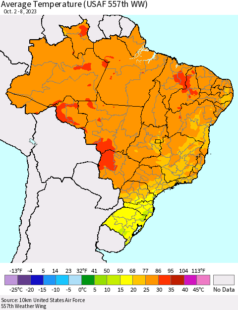 Brazil Average Temperature (USAF 557th WW) Thematic Map For 10/2/2023 - 10/8/2023
