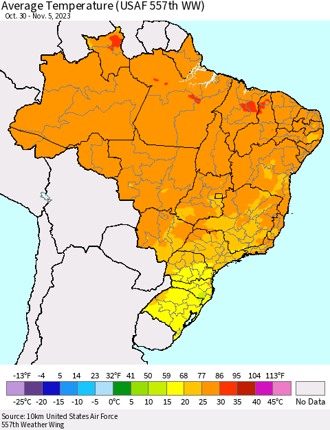 Brazil Average Temperature (USAF 557th WW) Thematic Map For 10/30/2023 - 11/5/2023