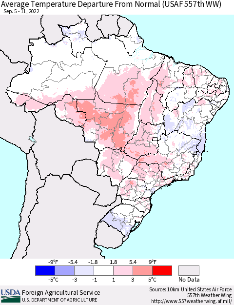 Brazil Average Temperature Departure from Normal (USAF 557th WW) Thematic Map For 9/5/2022 - 9/11/2022