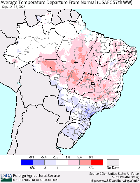 Brazil Average Temperature Departure from Normal (USAF 557th WW) Thematic Map For 9/12/2022 - 9/18/2022