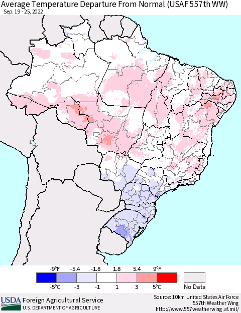 Brazil Average Temperature Departure from Normal (USAF 557th WW) Thematic Map For 9/19/2022 - 9/25/2022
