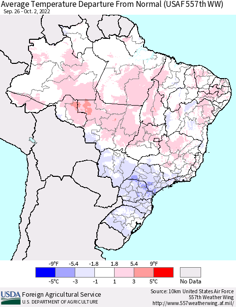 Brazil Average Temperature Departure from Normal (USAF 557th WW) Thematic Map For 9/26/2022 - 10/2/2022