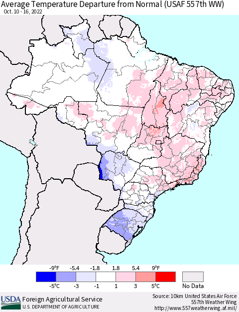 Brazil Average Temperature Departure from Normal (USAF 557th WW) Thematic Map For 10/10/2022 - 10/16/2022