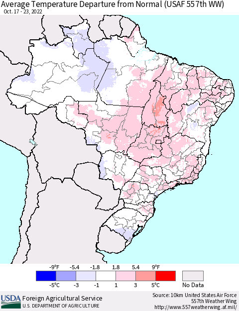 Brazil Average Temperature Departure from Normal (USAF 557th WW) Thematic Map For 10/17/2022 - 10/23/2022