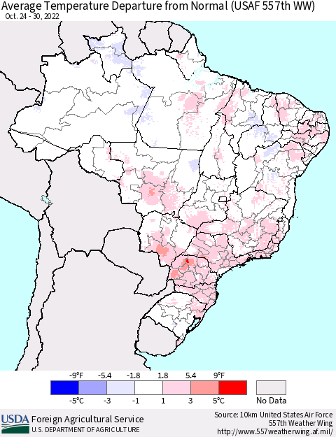 Brazil Average Temperature Departure from Normal (USAF 557th WW) Thematic Map For 10/24/2022 - 10/30/2022