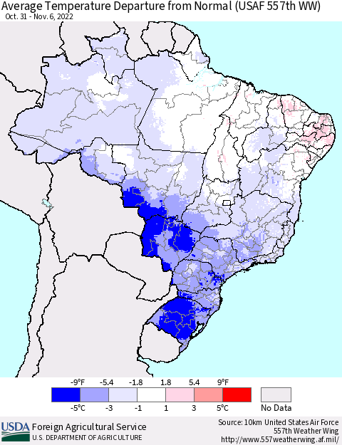 Brazil Average Temperature Departure from Normal (USAF 557th WW) Thematic Map For 10/31/2022 - 11/6/2022