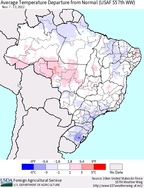 Brazil Average Temperature Departure from Normal (USAF 557th WW) Thematic Map For 11/7/2022 - 11/13/2022