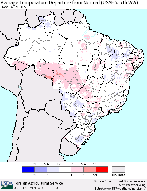 Brazil Average Temperature Departure from Normal (USAF 557th WW) Thematic Map For 11/14/2022 - 11/20/2022