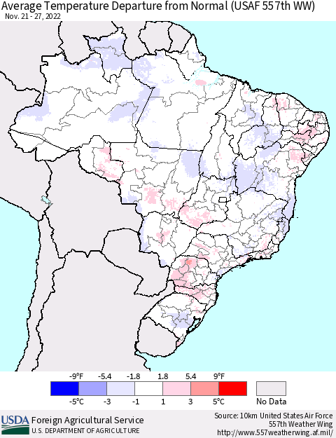 Brazil Average Temperature Departure from Normal (USAF 557th WW) Thematic Map For 11/21/2022 - 11/27/2022
