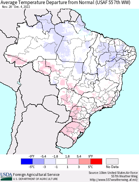Brazil Average Temperature Departure from Normal (USAF 557th WW) Thematic Map For 11/28/2022 - 12/4/2022