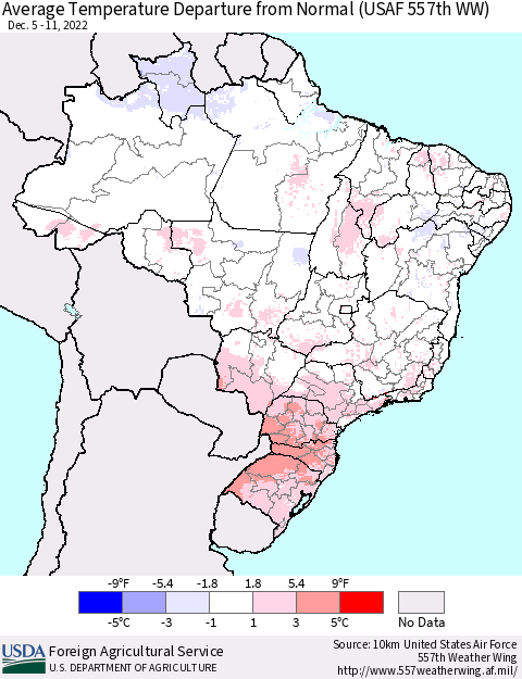 Brazil Average Temperature Departure from Normal (USAF 557th WW) Thematic Map For 12/5/2022 - 12/11/2022