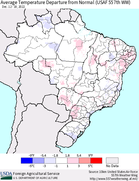 Brazil Average Temperature Departure from Normal (USAF 557th WW) Thematic Map For 12/12/2022 - 12/18/2022