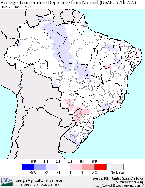 Brazil Average Temperature Departure from Normal (USAF 557th WW) Thematic Map For 12/26/2022 - 1/1/2023