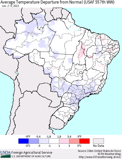 Brazil Average Temperature Departure from Normal (USAF 557th WW) Thematic Map For 1/2/2023 - 1/8/2023