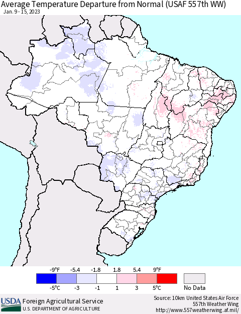 Brazil Average Temperature Departure from Normal (USAF 557th WW) Thematic Map For 1/9/2023 - 1/15/2023