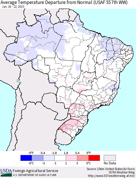 Brazil Average Temperature Departure from Normal (USAF 557th WW) Thematic Map For 1/16/2023 - 1/22/2023