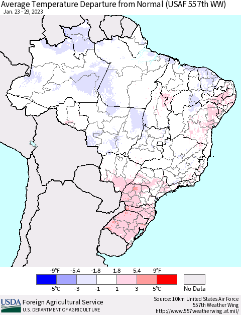 Brazil Average Temperature Departure from Normal (USAF 557th WW) Thematic Map For 1/23/2023 - 1/29/2023