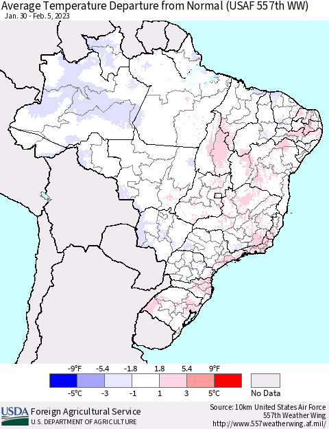 Brazil Average Temperature Departure from Normal (USAF 557th WW) Thematic Map For 1/30/2023 - 2/5/2023