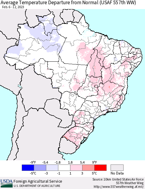 Brazil Average Temperature Departure from Normal (USAF 557th WW) Thematic Map For 2/6/2023 - 2/12/2023