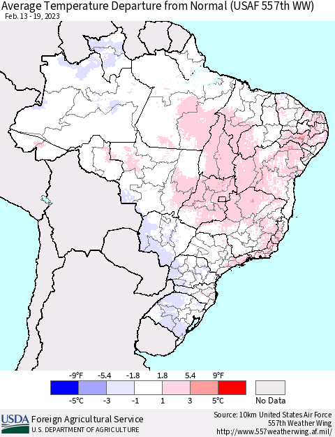 Brazil Average Temperature Departure from Normal (USAF 557th WW) Thematic Map For 2/13/2023 - 2/19/2023