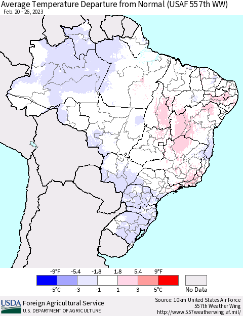 Brazil Average Temperature Departure from Normal (USAF 557th WW) Thematic Map For 2/20/2023 - 2/26/2023