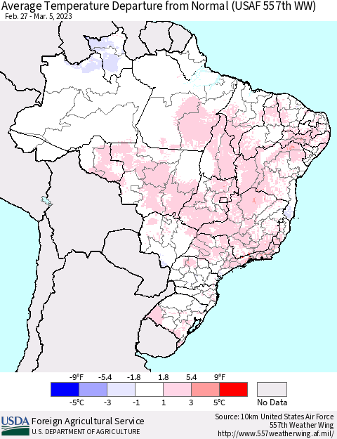 Brazil Average Temperature Departure from Normal (USAF 557th WW) Thematic Map For 2/27/2023 - 3/5/2023