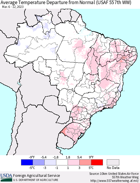 Brazil Average Temperature Departure from Normal (USAF 557th WW) Thematic Map For 3/6/2023 - 3/12/2023