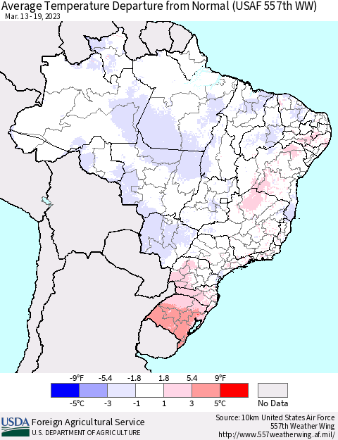 Brazil Average Temperature Departure from Normal (USAF 557th WW) Thematic Map For 3/13/2023 - 3/19/2023