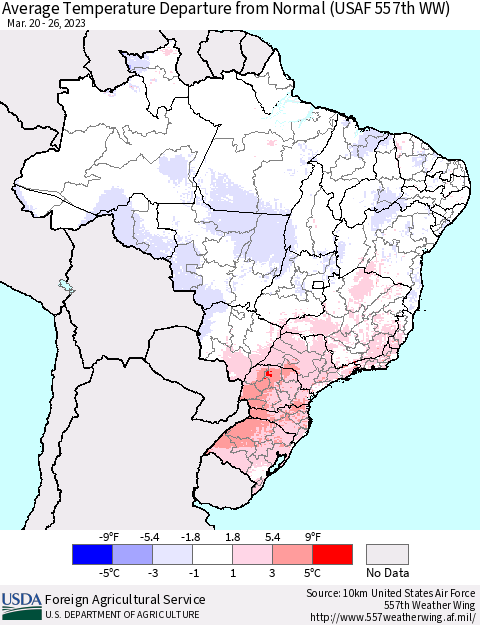 Brazil Average Temperature Departure from Normal (USAF 557th WW) Thematic Map For 3/20/2023 - 3/26/2023