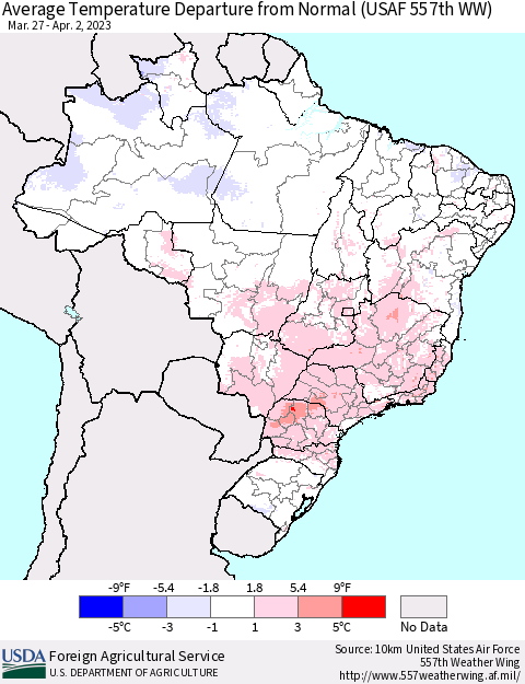 Brazil Average Temperature Departure from Normal (USAF 557th WW) Thematic Map For 3/27/2023 - 4/2/2023