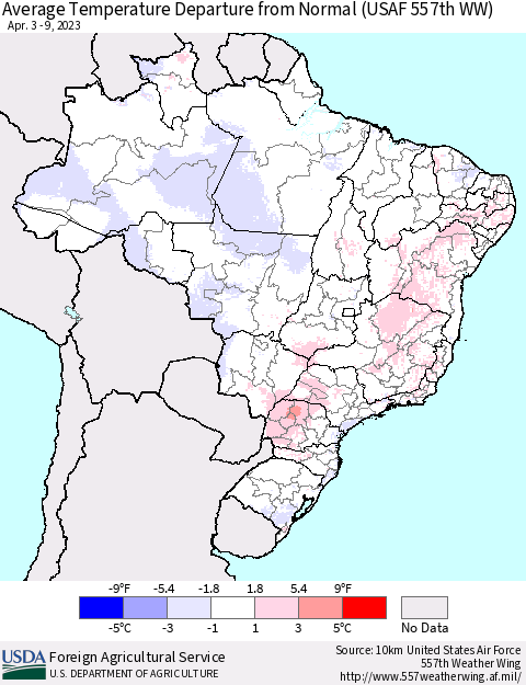 Brazil Average Temperature Departure from Normal (USAF 557th WW) Thematic Map For 4/3/2023 - 4/9/2023