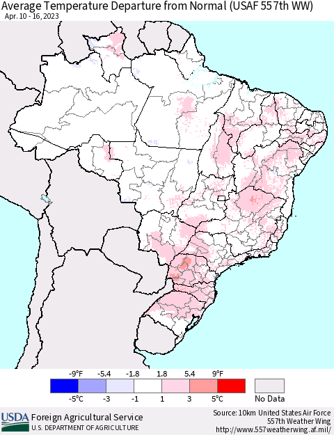 Brazil Average Temperature Departure from Normal (USAF 557th WW) Thematic Map For 4/10/2023 - 4/16/2023