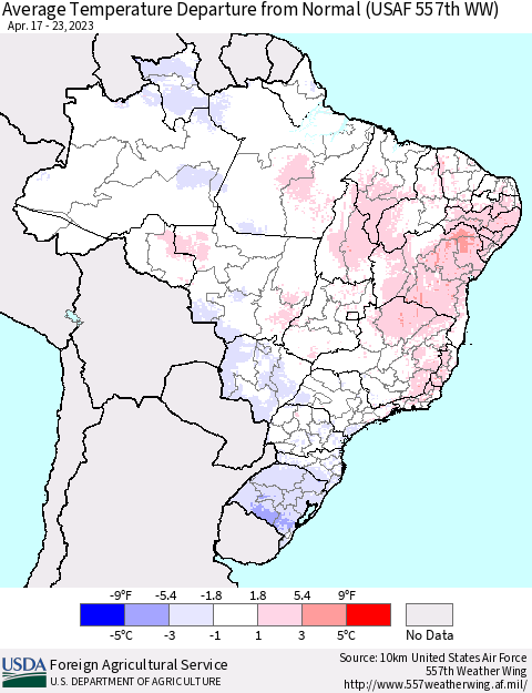 Brazil Average Temperature Departure from Normal (USAF 557th WW) Thematic Map For 4/17/2023 - 4/23/2023