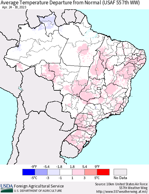 Brazil Average Temperature Departure from Normal (USAF 557th WW) Thematic Map For 4/24/2023 - 4/30/2023