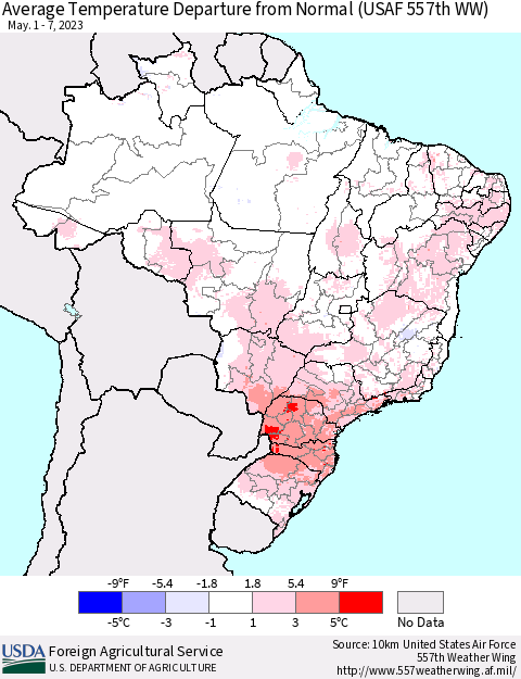 Brazil Average Temperature Departure from Normal (USAF 557th WW) Thematic Map For 5/1/2023 - 5/7/2023