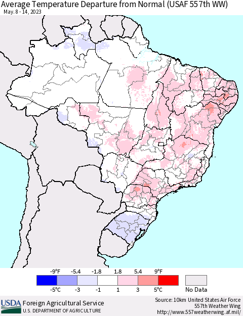 Brazil Average Temperature Departure from Normal (USAF 557th WW) Thematic Map For 5/8/2023 - 5/14/2023