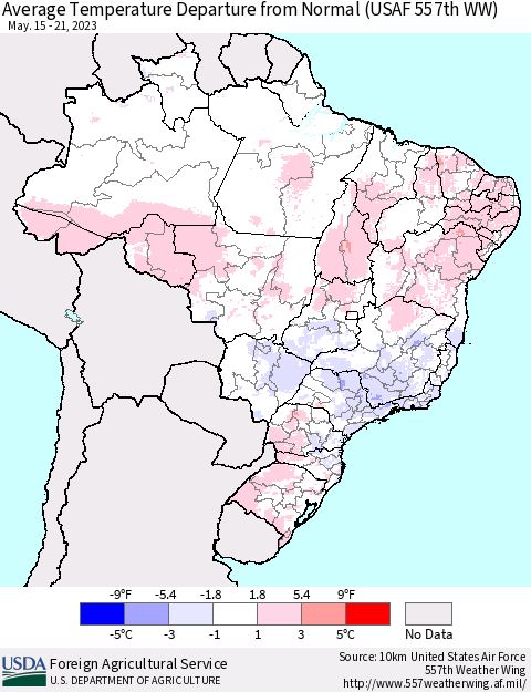 Brazil Average Temperature Departure from Normal (USAF 557th WW) Thematic Map For 5/15/2023 - 5/21/2023