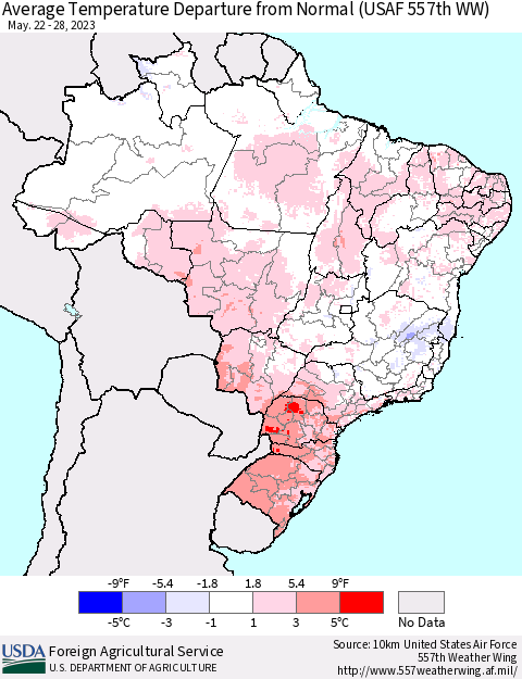 Brazil Average Temperature Departure from Normal (USAF 557th WW) Thematic Map For 5/22/2023 - 5/28/2023