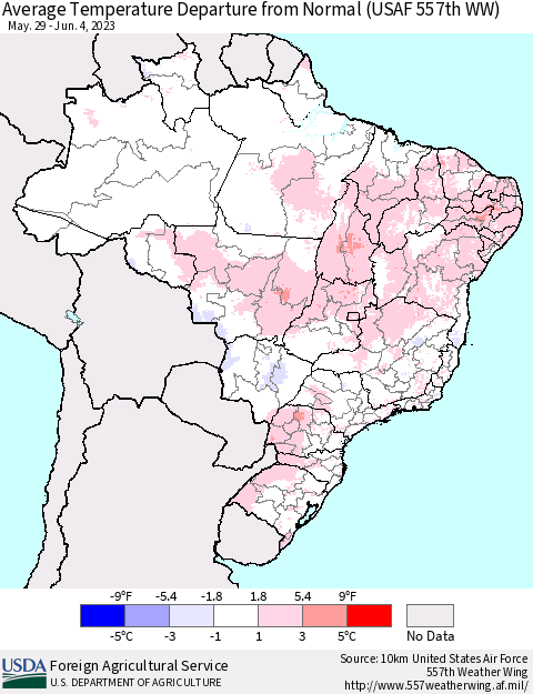 Brazil Average Temperature Departure from Normal (USAF 557th WW) Thematic Map For 5/29/2023 - 6/4/2023