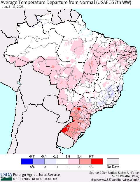 Brazil Average Temperature Departure from Normal (USAF 557th WW) Thematic Map For 6/5/2023 - 6/11/2023