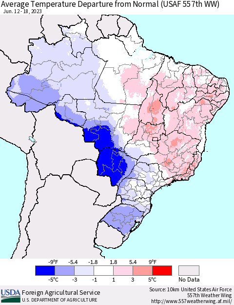 Brazil Average Temperature Departure from Normal (USAF 557th WW) Thematic Map For 6/12/2023 - 6/18/2023