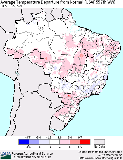 Brazil Average Temperature Departure from Normal (USAF 557th WW) Thematic Map For 6/19/2023 - 6/25/2023