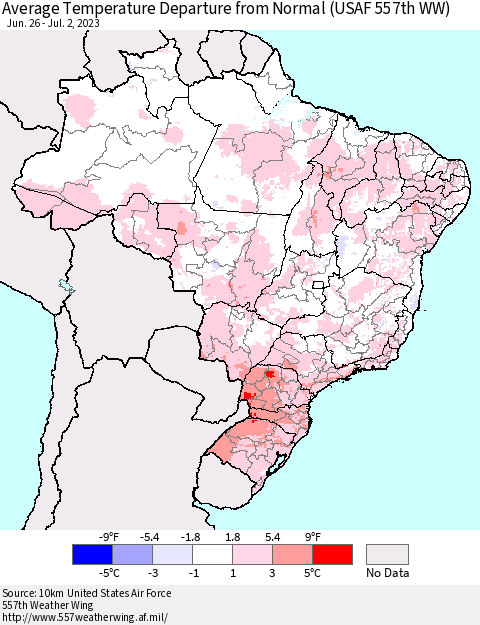 Brazil Average Temperature Departure from Normal (USAF 557th WW) Thematic Map For 6/26/2023 - 7/2/2023