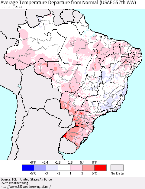 Brazil Average Temperature Departure from Normal (USAF 557th WW) Thematic Map For 7/3/2023 - 7/9/2023
