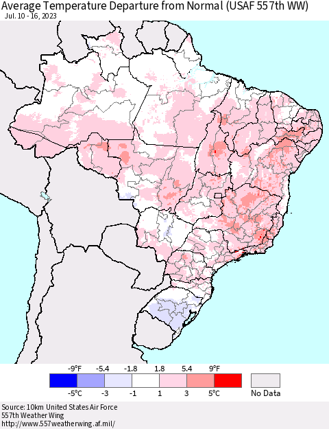 Brazil Average Temperature Departure from Normal (USAF 557th WW) Thematic Map For 7/10/2023 - 7/16/2023