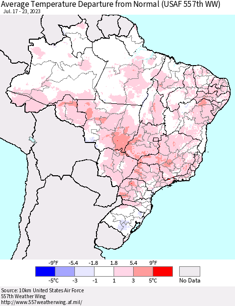 Brazil Average Temperature Departure from Normal (USAF 557th WW) Thematic Map For 7/17/2023 - 7/23/2023