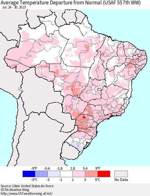 Brazil Average Temperature Departure from Normal (USAF 557th WW) Thematic Map For 7/24/2023 - 7/30/2023